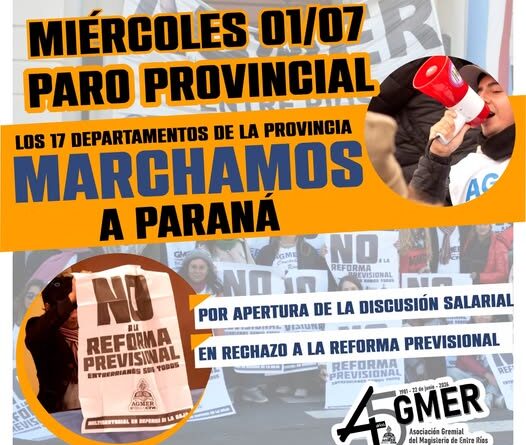 Agmer convoca a un nuevo paro docente para este miércoles 1° de julio